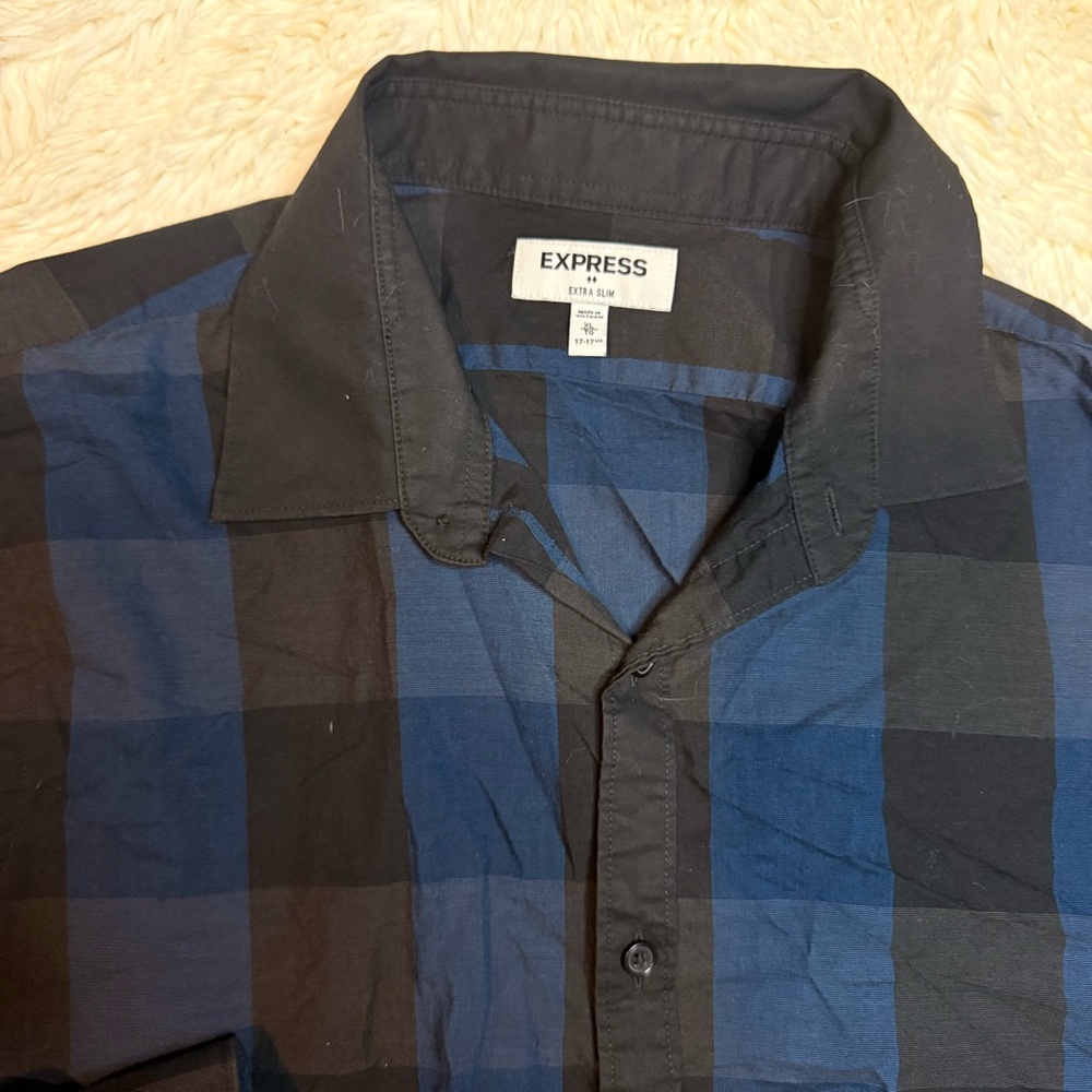 Express men’s XL extra slim Blue/Black Plaid Long-Sleeve Button-Down Shirt - Picture 5 of 10